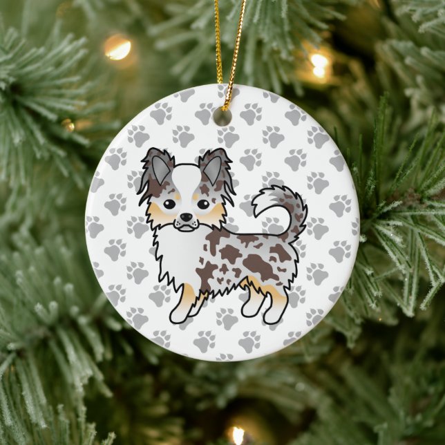 Chocolate Merle Long Coat Chihuahua Dog & Paws Ceramic Ornament (Tree)