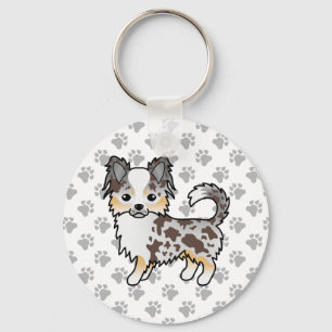 Chocolate Merle Long Coat Chihuahua Dog & Paws Key Ring