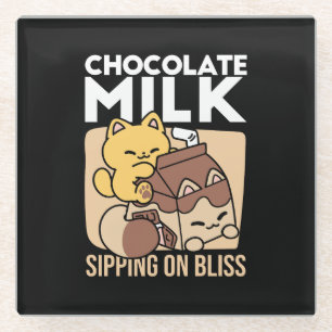 Chocolate Milk Sipping on Bliss – Kawaii Cat Food  Glass Coaster