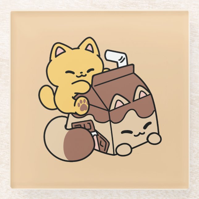 Chocolate Milk Sipping on Bliss – Kawaii Cat Food  Glass Coaster (Front)