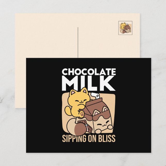 Chocolate Milk Sipping on Bliss – Kawaii Cat Food  Holiday Postcard (Front/Back)