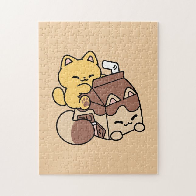 Chocolate Milk Sipping on Bliss – Kawaii Cat Food  Jigsaw Puzzle (Vertical)