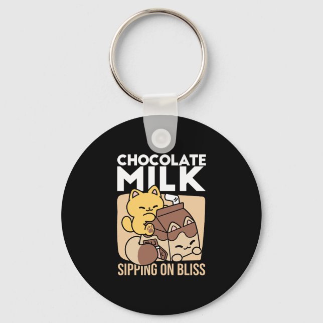 Chocolate Milk Sipping on Bliss – Kawaii Cat Food  Key Ring (Front)