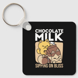 Chocolate Milk Sipping on Bliss – Kawaii Cat Food Key Ring