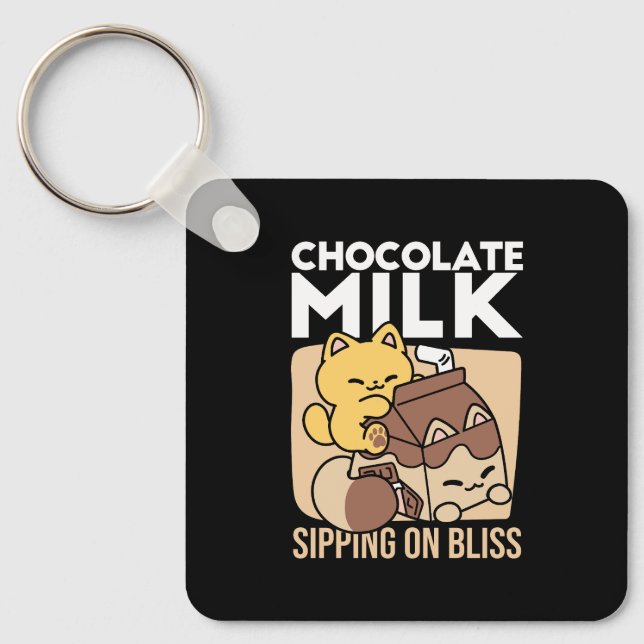 Chocolate Milk Sipping on Bliss – Kawaii Cat Food  Key Ring (Front)