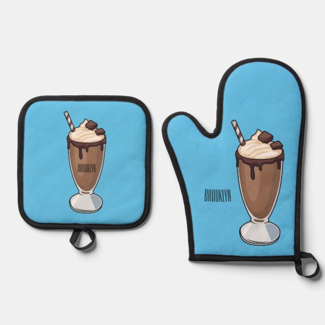 Chocolate milkshake cartoon illustration  oven mitt & pot holder set (Front)