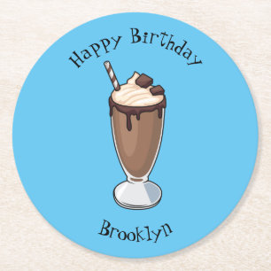 Chocolate milkshake cartoon illustration round paper coaster
