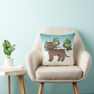 Chocolate Mini Goldendoodle Dog In A Winter Forest Cushion