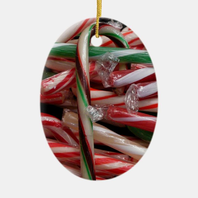 Chocolate Mint Candy Canes Holiday Festive Ceramic Ornament (Front)