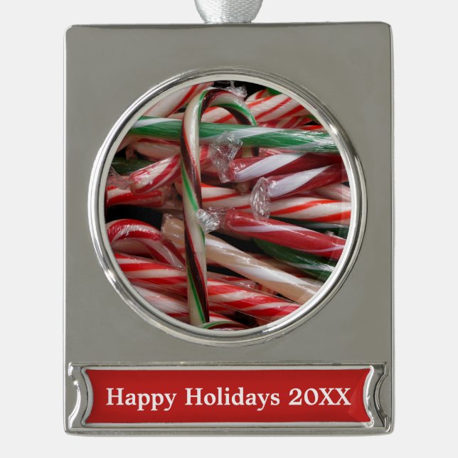 Chocolate Mint Candy Canes Holiday Festive Silver Plated Banner Ornament (Front)