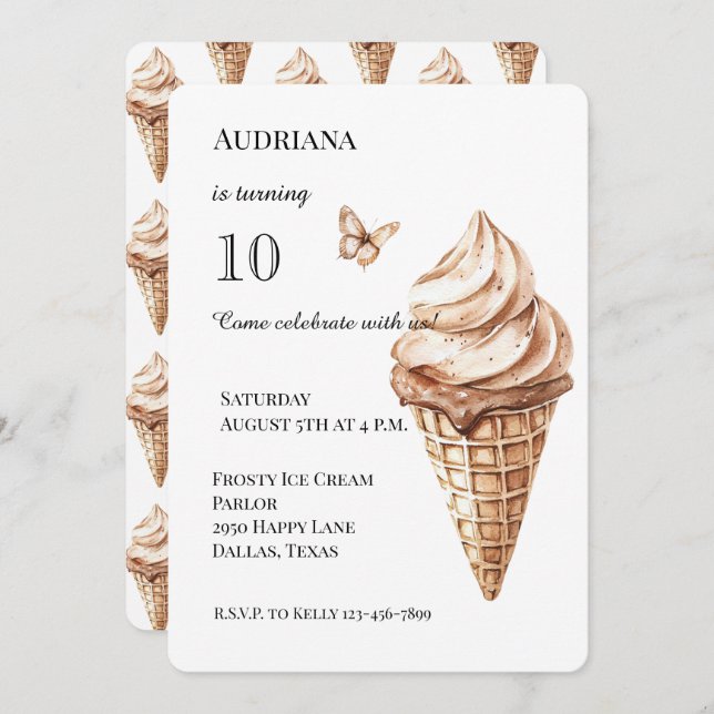 Chocolate Mocha Vanilla Ice Cream Cone Birthday Invitation (Front/Back)