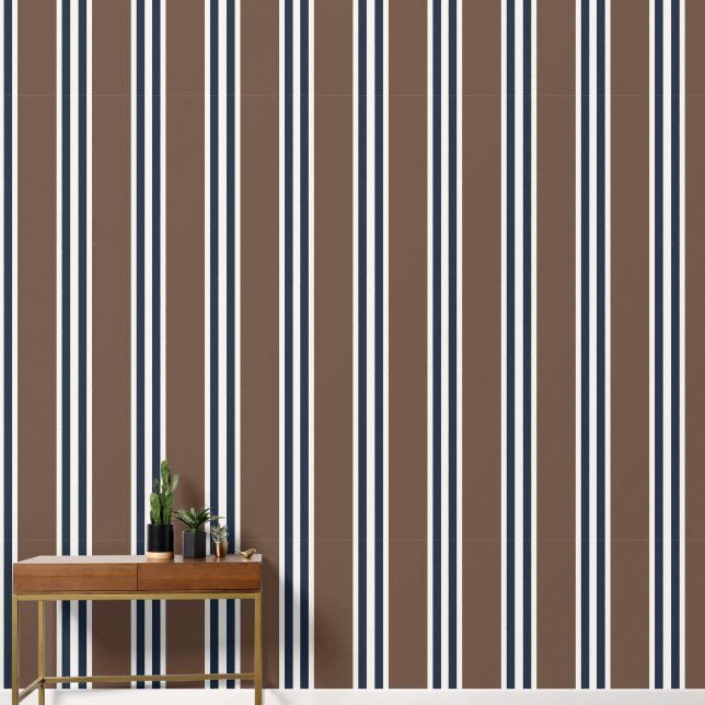 Chocolate & Navy Double Rugby Stripe  Wallpaper (Hallway)