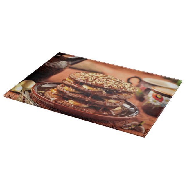 Chocolate Pancakes with Bananas and Caramel Cutting Board (Corner)