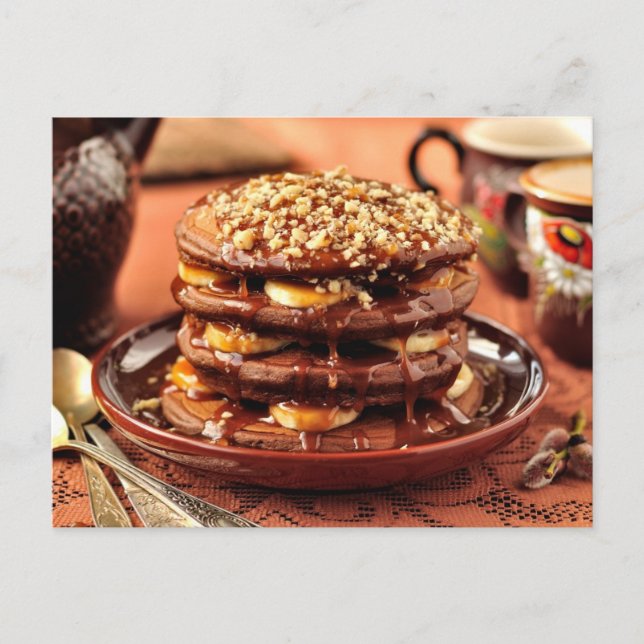 Chocolate Pancakes with Bananas and Caramel Postcard (Front)