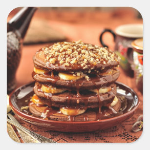 Chocolate Pancakes with Bananas and Caramel Square Sticker