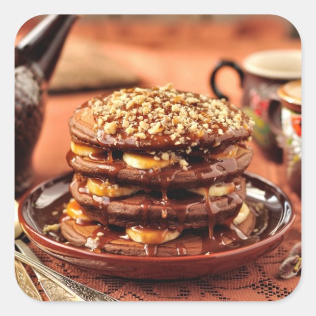Chocolate Pancakes with Bananas and Caramel Square Sticker (Front)