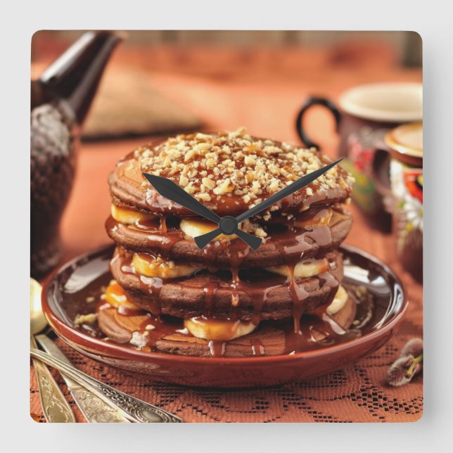 Chocolate Pancakes with Bananas and Caramel Square Wall Clock (Front)