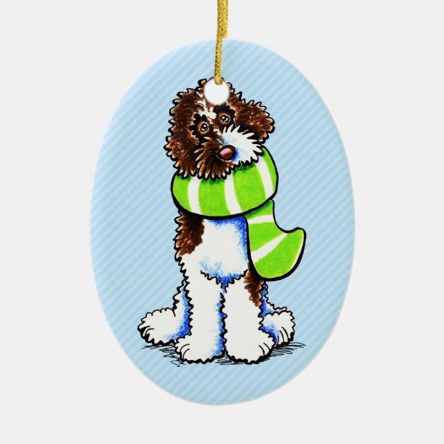 Chocolate Parti Labradoodle Winter Scarf Ceramic Ornament (Front)