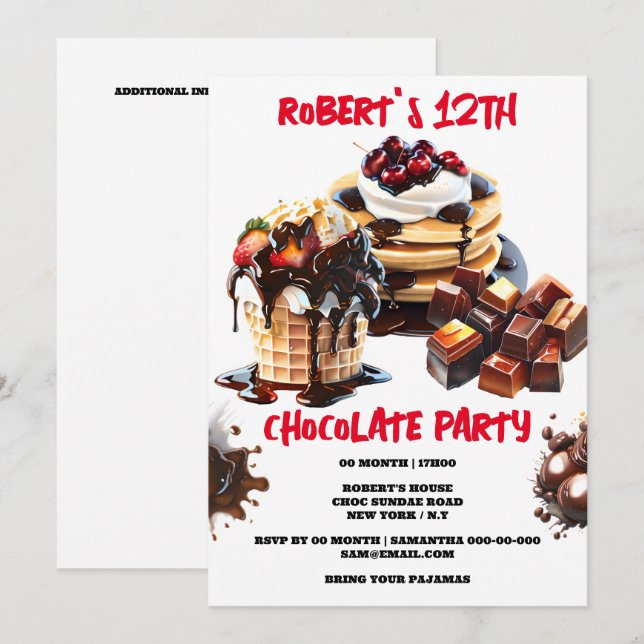 Chocolate party ice cream pancakes toppings kids invitation (Front/Back)
