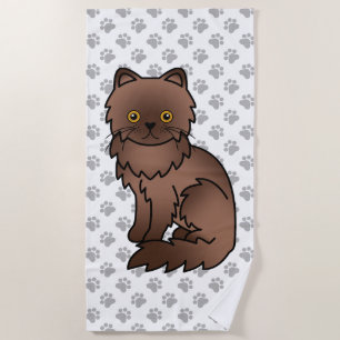 Chocolate Persian Cute Cartoon Cat & Paws Beach Towel