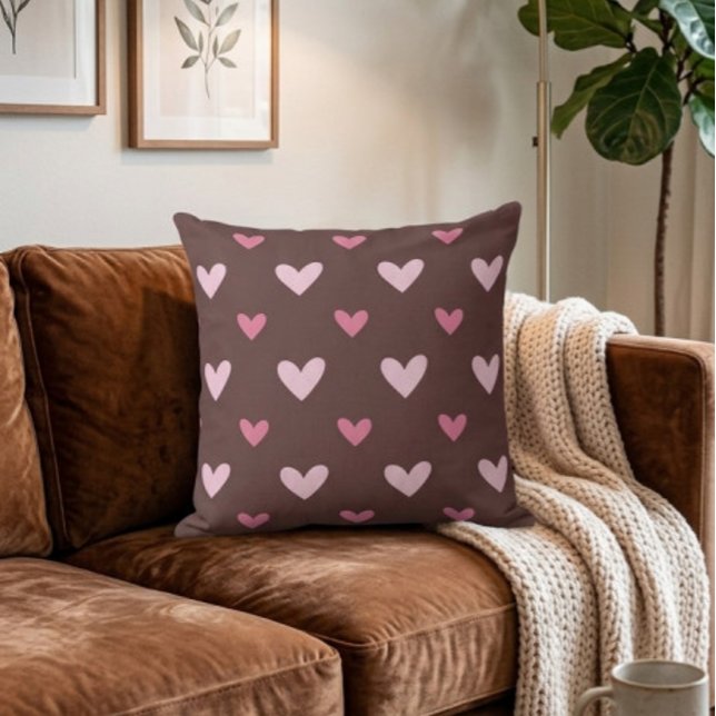 Chocolate & Pink Heart Pattern Throw Pillow (Creator Uploaded)