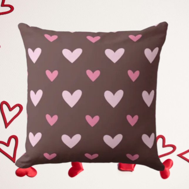 Chocolate & Pink Heart Pattern Throw Pillow (Creator Uploaded)