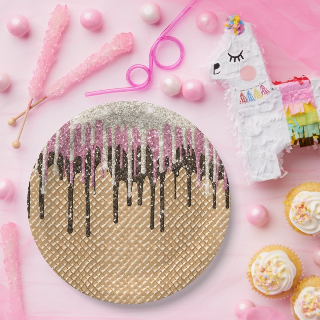 Chocolate Pink Ice Cream Cone Glitter Drips Paper Plate (Party)