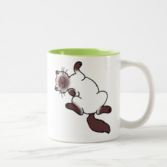Chocolate point Siamese cat lying on back Two-Tone Coffee Mug (Right)