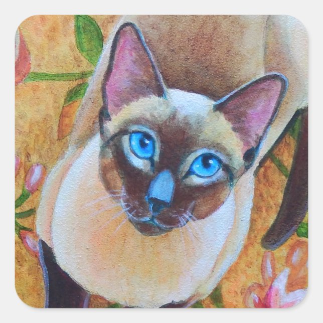 Chocolate Point Siamese Cat on Floral Rug Square Sticker (Front)