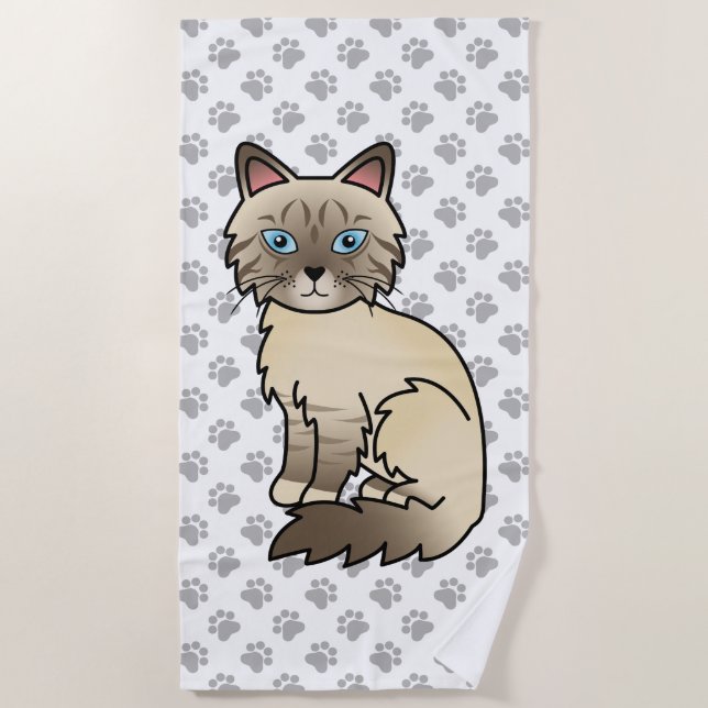 Chocolate Point Tabby Birman/Ragdoll Cat & Paws Beach Towel (Front)