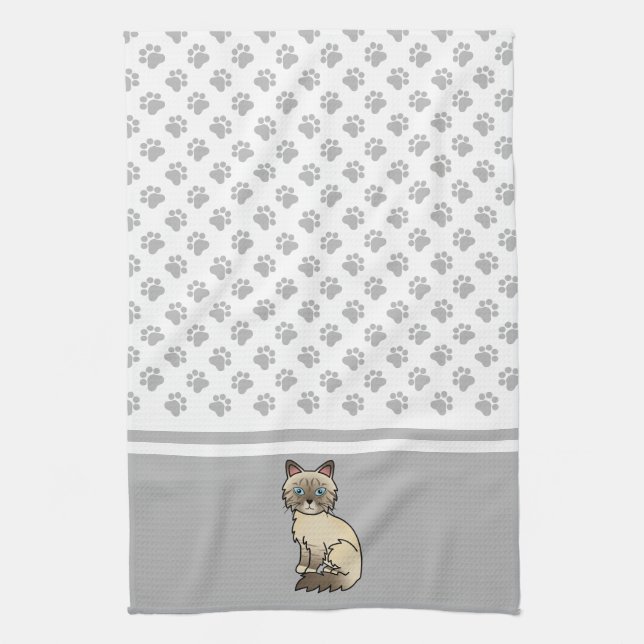 Chocolate Point Tabby Birman / Ragdoll Cat & Paws Tea Towel (Vertical)