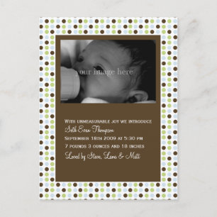 Chocolate Polka Dot Baby Announcement Postcard