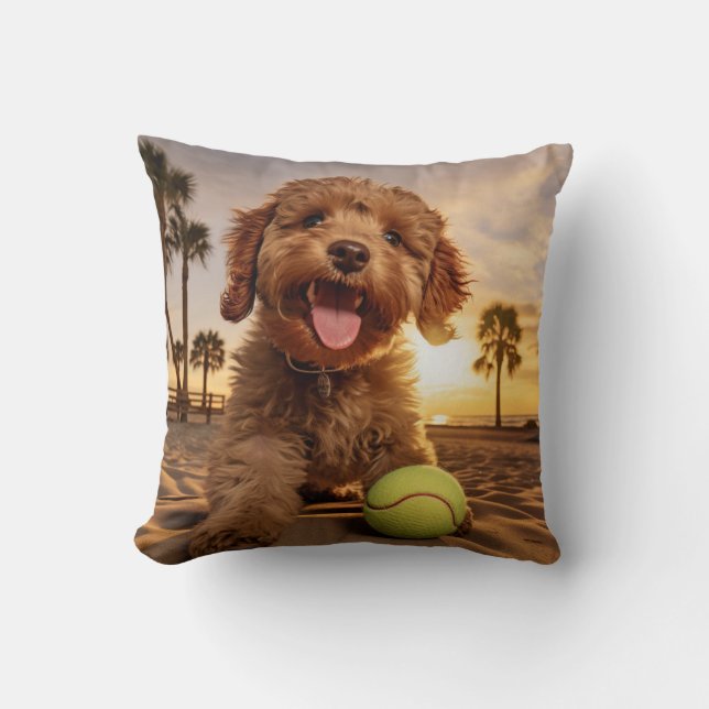 Chocolate poodle puppy with Tennis balls on beach Cushion (Front)