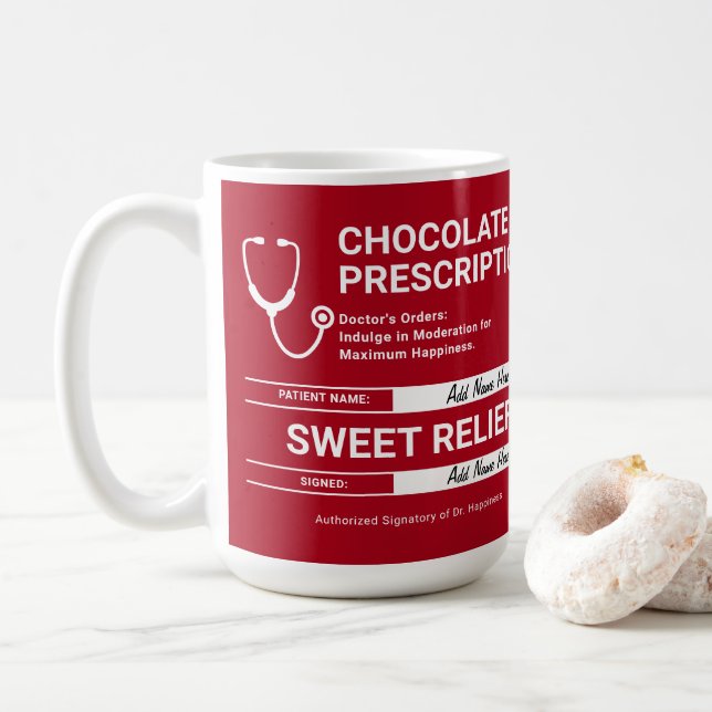 Chocolate Prescription Humour Red White Modern Fun Coffee Mug (With Donut)