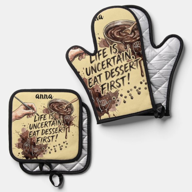 Chocolate Pudding Day-Funny Pudding O'Clock Oven Mitt & Pot Holder Set (Front/Back)