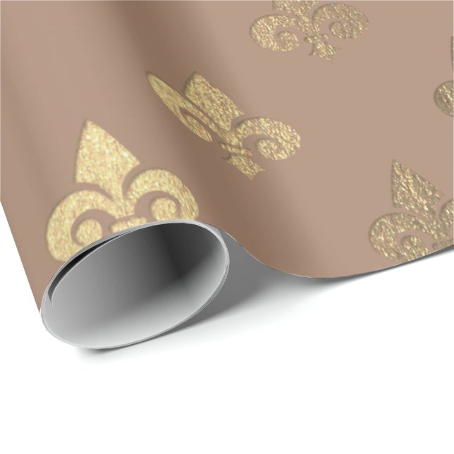 Chocolate Sepia Gold Metallic Fleur-de-lis Wrapping Paper (Roll Corner)