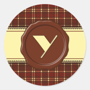 Chocolate Shop Monogram -Red Brown Plaid - Y Classic Round Sticker