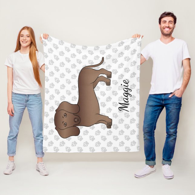 Chocolate Short Hair Dachshund Cartoon Dog & Name Fleece Blanket (In Situ)