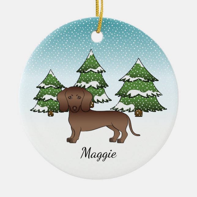 Chocolate Smooth Coat Dachshund - Winter Forest Ceramic Ornament (Front)