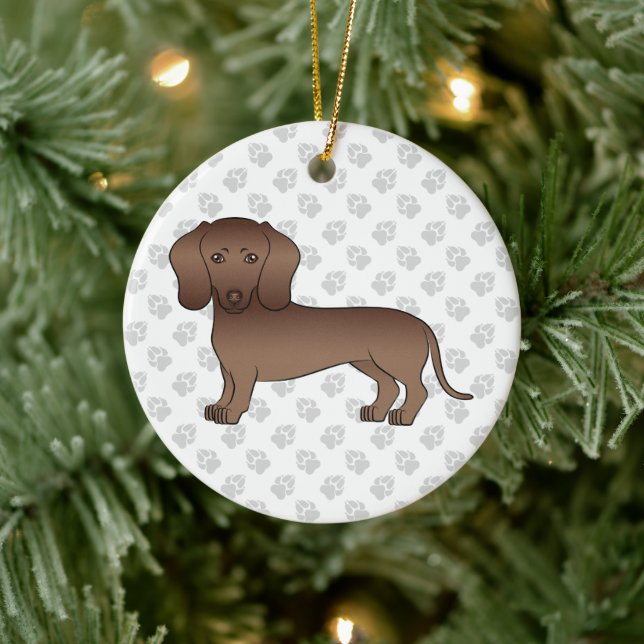 Chocolate Smooth Hair Dachshund Cute Cartoon Dog Ceramic Ornament (Tree)