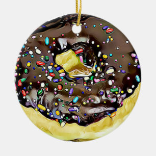 Chocolate Sprinkled Doughnut Yummy Food Christmas Ceramic Ornament