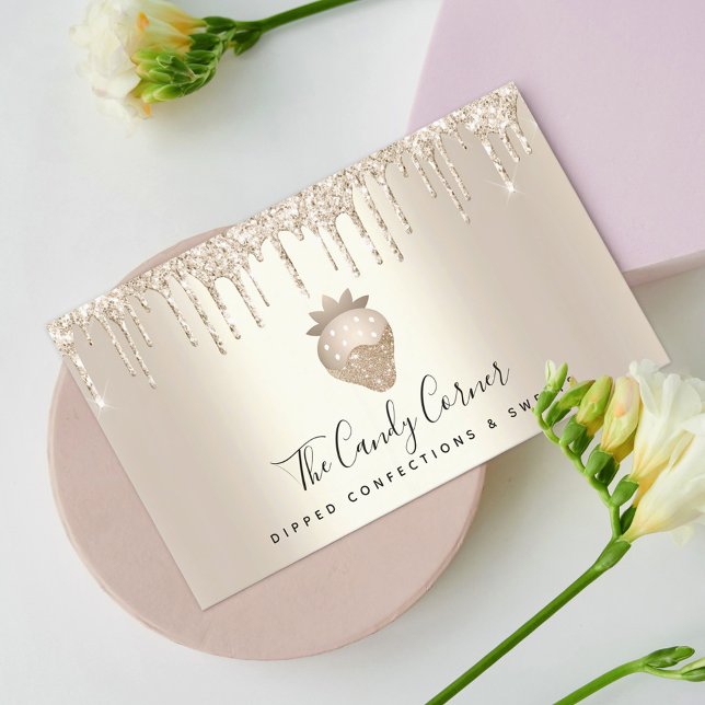 Chocolate Strawberry Confection Gold Glitter Drips Business Card (Creator Uploaded)