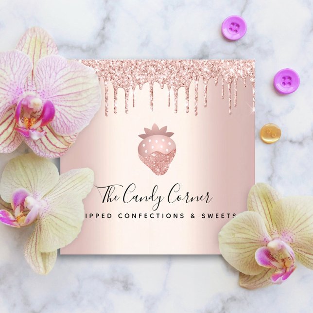 Chocolate Strawberry Confection Rose Gold Glitter Square Business Card (Creator Uploaded)