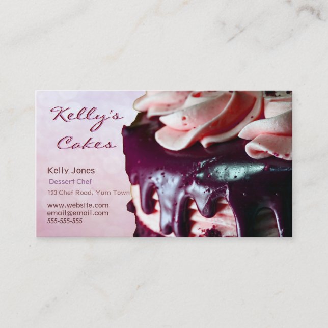 Chocolate Strawberry Cream Cake Pink Business Card (Front)