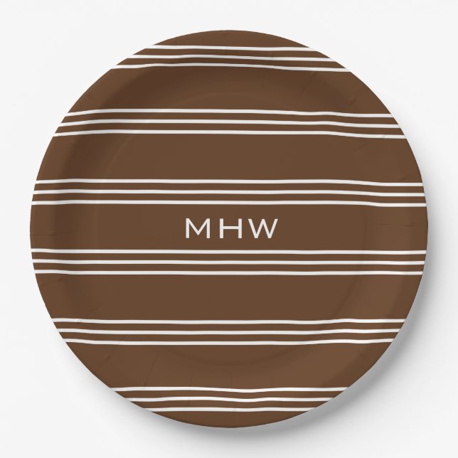 Chocolate Stripes custom monogram paper plates (Front)