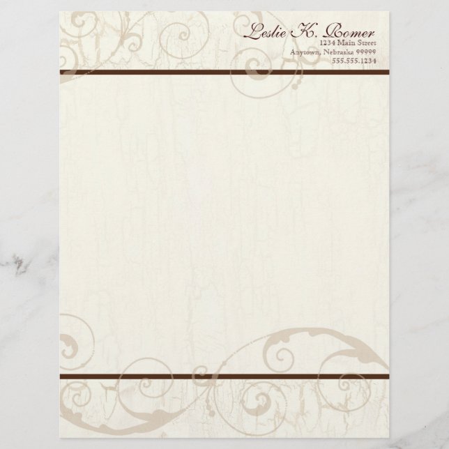 Chocolate Swirls Resume Business Cream Stationery Personalized Letterhead (Front)
