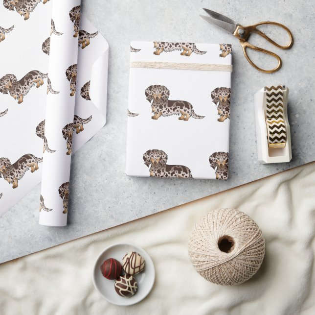 Chocolate & Tan Dapple Long Hair Dachshund Pattern Wrapping Paper (Crafts)