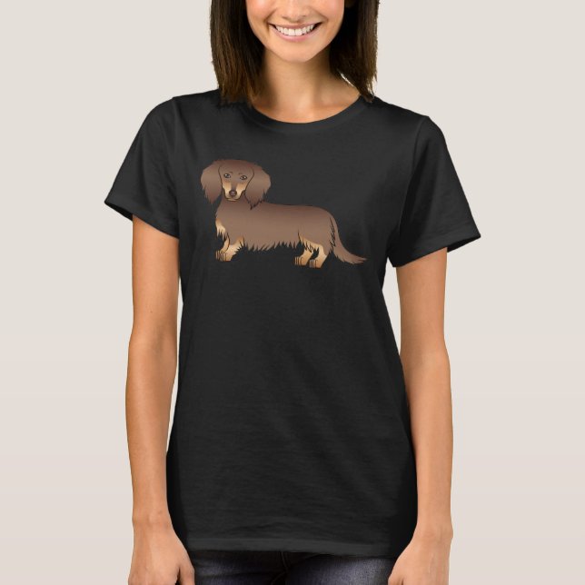 Chocolate & Tan Long Hair Dachshund Cartoon Dog T-Shirt (Front)