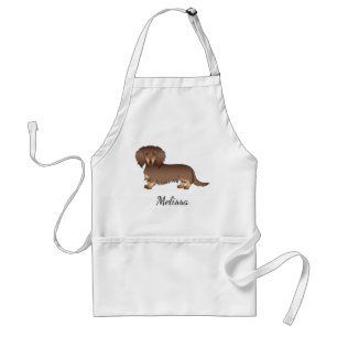 Chocolate & Tan Long Hair Dachshund Dog & Name Standard Apron