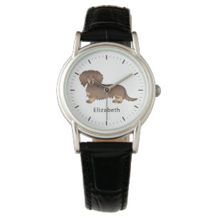 Chocolate & Tan Long Hair Dachshund Dog & Name Watch